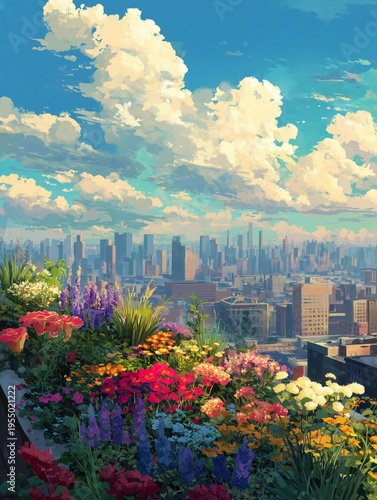 Bright Flowers on a Balcony Overlooking a City Skyline With Buildings and Tre...