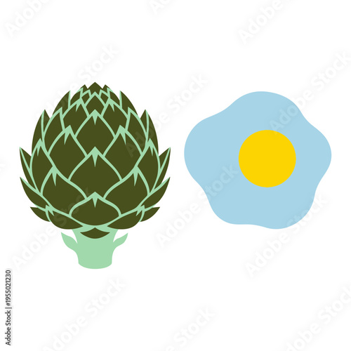 Vibrant Green Artichoke and Light Blue Fried Egg Vector Graphics for Healthy Eating