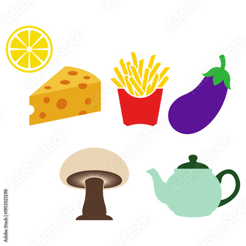 Bright vector icons featuring a mix of wholesome foods and everyday kitchen essentials