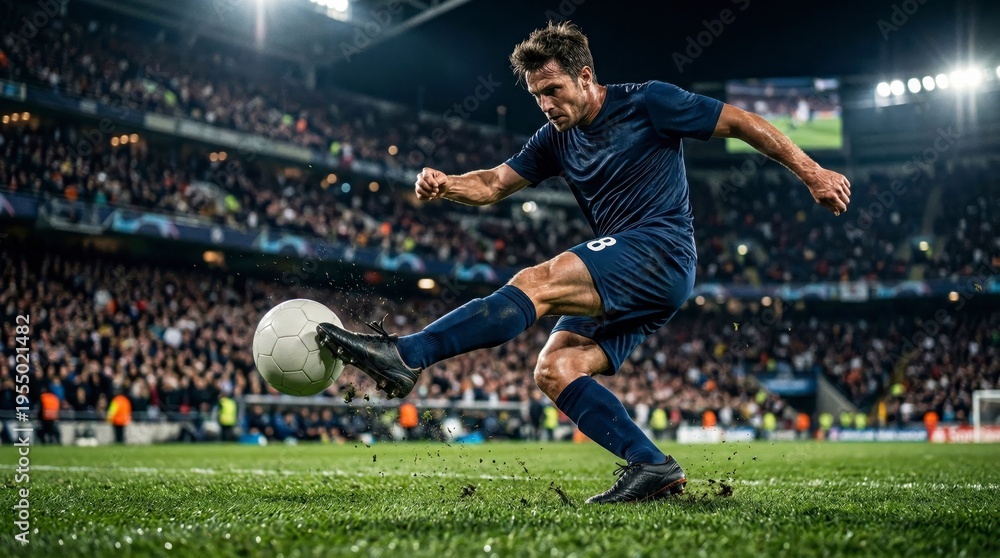 Naklejka premium A soccer player in black uniform controls a soccer ball on a well-lit stadium field during a night match.