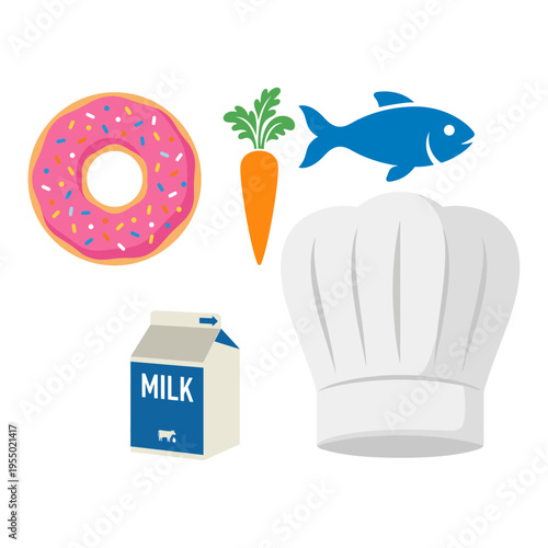 Assortment of vibrant food items, healthy ingredients, and a chef's cap for cooking designs