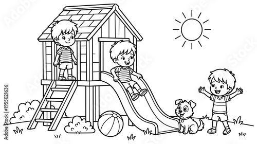 Coloring page of happy children playing in backyard wooden playhouse