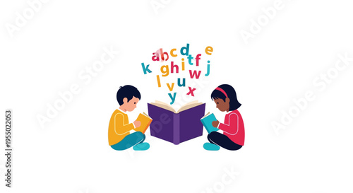 Two children learning from a book.
