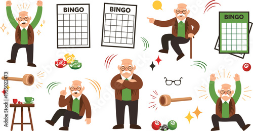 Funny senior man playing bingo game set with expressive elderly character, cards, chips and emotional reactions cartoon vector illustration collection