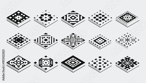 A collection of black and white geometric patterns on square tiles