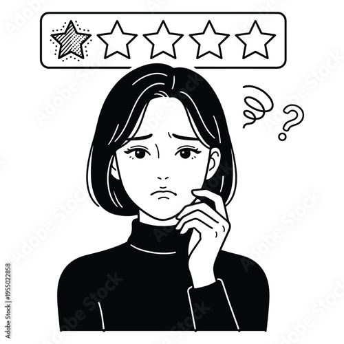 Woman with one star rating expression of disappointment and confusion