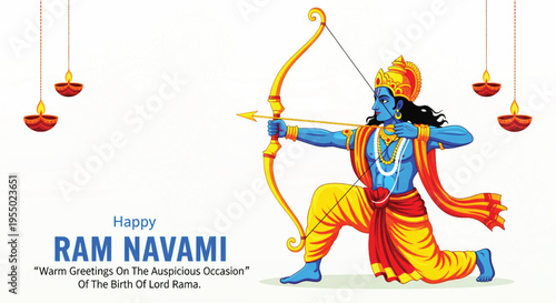 Lord Rama with bow and arrow illustration for Happy Ram Navami festival greeting featuring decorative oil lamps on white background for religious celebration of the birth of the Hindu deity Rama.