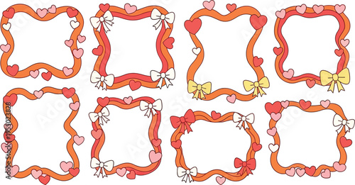 Set of  eight hand-drawn red floral frames with watercolor texture and gold accents