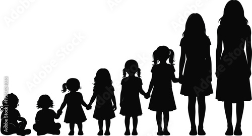 A group of silhouetted girls and women standing together in a line