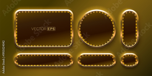 Set of gold vintage frames with glowing light bulbs. Realistic retro marquee signs for design.