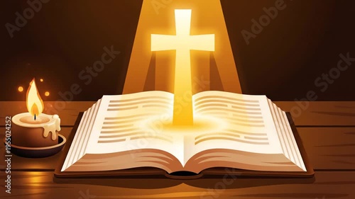 An open book with a glowing cross on top, accompanied by a lit candle on a saucer, on a wooden table against a dark background with warm tones.