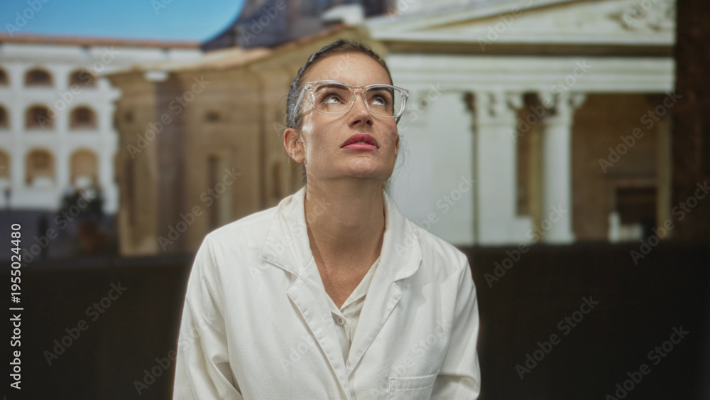 Obraz premium Scientist woman smiles wearing glasses in front of an old town building under clear daylight; confidence.