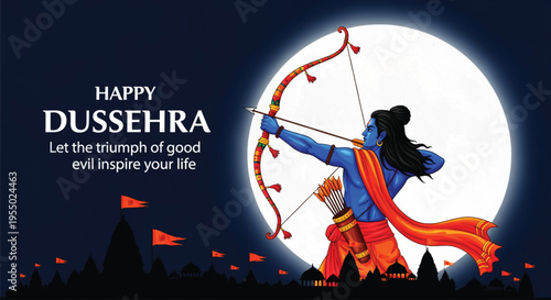 Lord Rama aiming arrow with bow against giant full moon background for Hindu festival Dussehra celebration banner illustration depicting victory of good over evil with temple silhouette.
