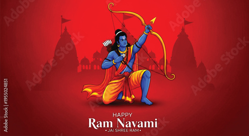 Lord Rama with bow and arrow in a kneeling position against a vibrant red background with temple silhouettes for the auspicious Hindu festival celebration of Ram Navami digital art.