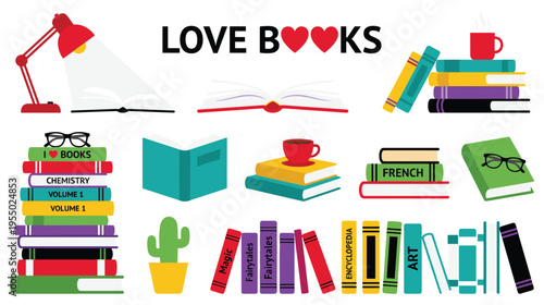 Colorful book set icons with library elements for reading lovers art
