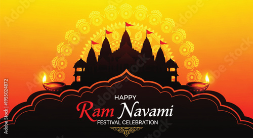 Ram Navami festival greeting card featuring silhouette of Ayodhya Ram Mandir temple with glowing diya lamps on vibrant orange background for traditional Indian religious celebration.