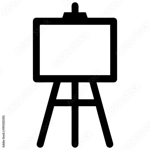 A minimalist black silhouette of a blank presentation board on an easel on transparent background