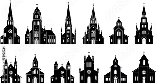 Set of Gothic Church Silhouette Icons with Spires and Crosses Isolated on White Background for Religious Architecture and Christian Design
