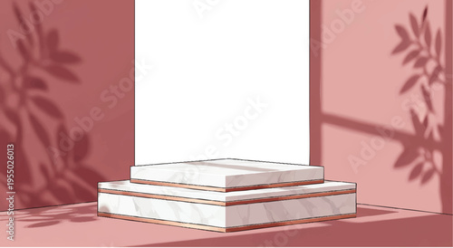 Minimalist still life of stacked white marble steps with a rectangular object in a room with pink walls and leaf shadows.