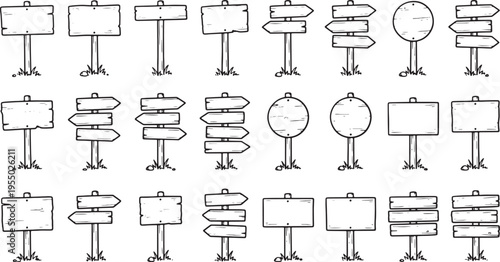 Collection of various blank signboards and billboards on stands in different shapes and sizes for advertising or direction