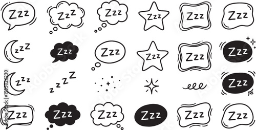 Sleep and dream symbols with zzz speech bubbles and moon on white background for relaxation concepts
