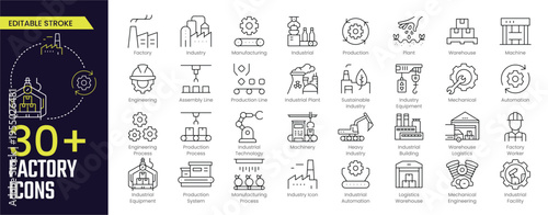 Factory Stroke icon collections. Containing Manufacturing, Industry, Plant, Warehouse, and Engineering Line Vector Icons. Editable Stroke icon collection Outline icon
