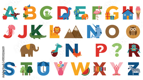 Alphabet letters with images and illustrations for education