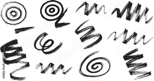 Collection of black hand drawn sketchy scribbles, swirls, and lines, artistic doodles on white background, design elements