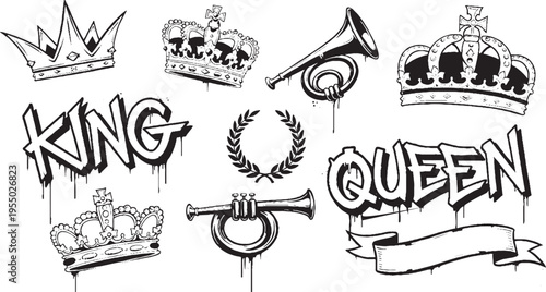 Royal elements set, including graffiti style king and queen text, crowns, trumpets, and laurel wreath on white background