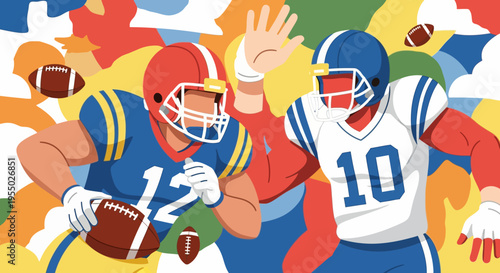 Dynamic illustration of two American football players in action, one running with the ball, the other defending, against a vibrant, abstract background. Captures the excitement of the game and