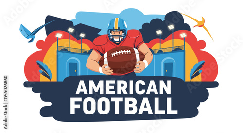 American Football Player Holding Ball in Stadium - Dynamic Flat Vector Illustration of Sport Game, Competition, Championship, and Athletic Event