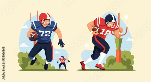 Two American football players in action during a game, one running with the ball and the other in pursuit on a field with goalposts.