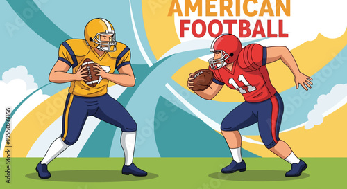 Energetic American Football Players Illustration showcasing two male athletes in opposing team uniforms, holding the ball, poised for an exciting game or match.