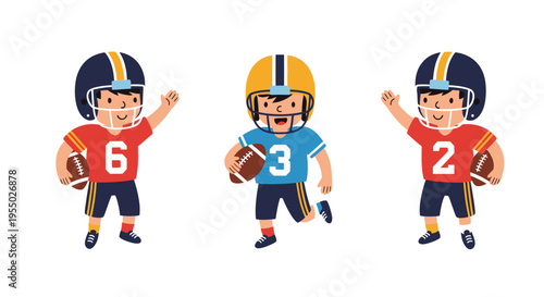 Three cute cartoon boys in American football uniforms playing the sport with helmets and balls, isolated on white.