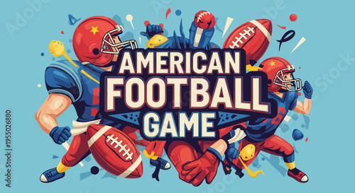 American Football Game illustration with players, helmets, and footballs, energetic and dynamic design