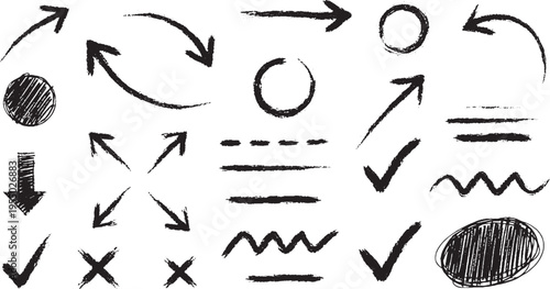Photos Hand drawn arrow and circle icons, check marks, and scribbles with a rough, sket
