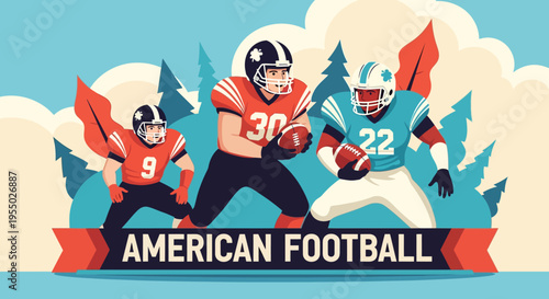 Vibrant vector illustration showcasing three American football players in their uniforms, poised for intense competition and teamwork.
