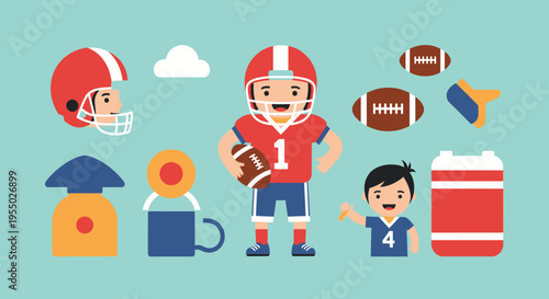 Cute cartoon American football player, helmet, balls, and sports equipment on a light blue background