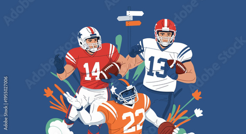 American Football Players in Action: Quarterbacks and Running Back in Dynamic Illustration
