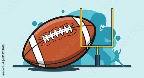 American Football Ball and Goal Post with Player Silhouette, Dynamic Action Illustration