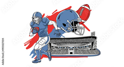 Dynamic American football player running with ball, helmet, and stadium in background. Intense sports action illustration for game day, championship, or team spirit.