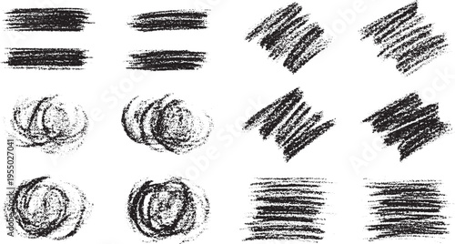 Set of diverse black grunge brush stroke textures and scribbles, hand drawn ink splatters and smudges for graphic design overlays and backgrounds, brush strokes