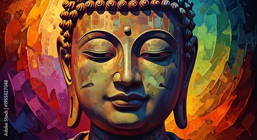 Beautiful greeting card with ancient statue great Buddha to bright holiday composition