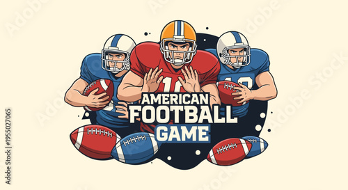 American Football Game illustration with three players in uniform holding balls, dynamic and energetic sports theme