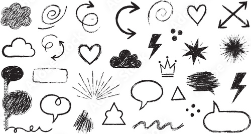 Collection of hand-drawn doodle elements including clouds, speech bubbles, scribbles, and shapes, black and white graphic design assets for messages and ideas