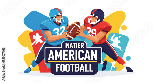 Two American football players in uniform holding a football, ready to play, with colorful abstract shapes and icons in the background.