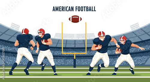 American Football Players in Uniform on Field with Goal Post and Stadium Crowd - Action Sport Illustration