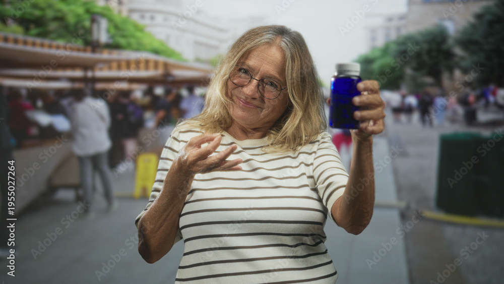 Fototapeta premium Woman holds blue medicine bottle in outstretched hand at busy outdoor market stall, smiling and presenting pills; wellness comfort.