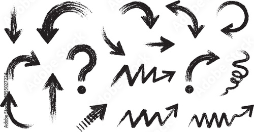 Collection of hand-drawn grunge arrows and question marks with a chalky texture, isolated on white background, question mark