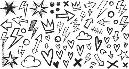 Hand-drawn icons and symbols collection, including lightning bolts, hearts, clouds, arrows, stars, and crowns, lightning bolt
